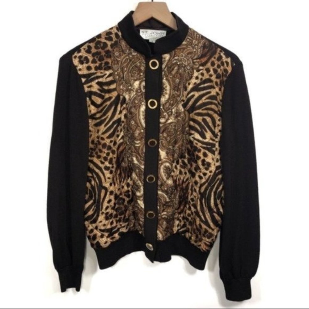 St. John Collection Brown Animal Print Knit Open Front Cardigan Chic Size Small